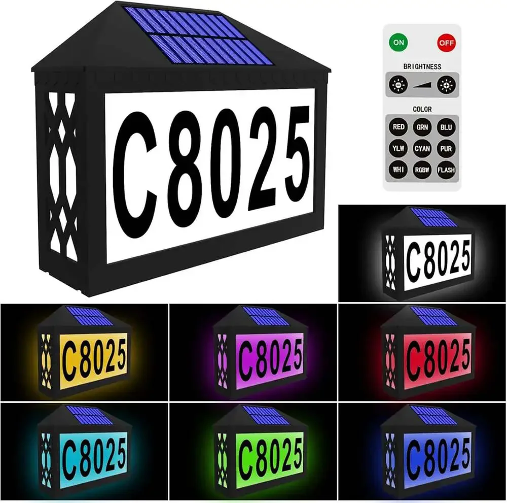 Solar House Numbers Lighted RGBW Solar Address Sign with Remote Waterproof For